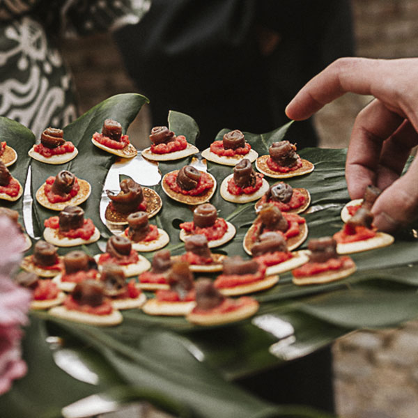 canapés presentados en bandejas con hojas de árboles