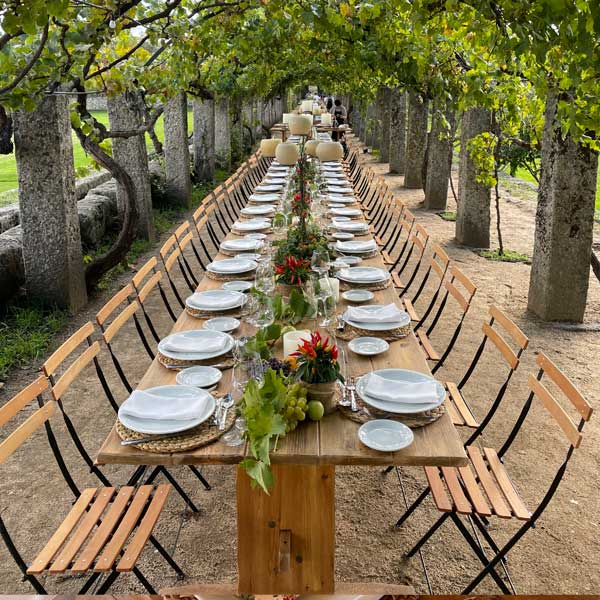 Mesa para catering debajo de una pérgola con una parra